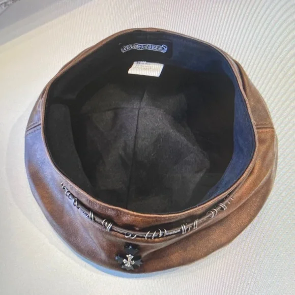 Elegant Brown Leather Beret with Cross Accent display picture 3